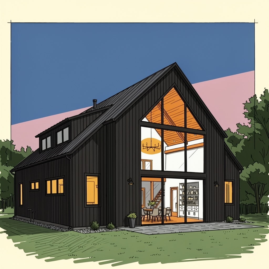 Moderne zwarte A-vormige woning met grote glazen ramen die bij schemering oplichten op een grasveld.