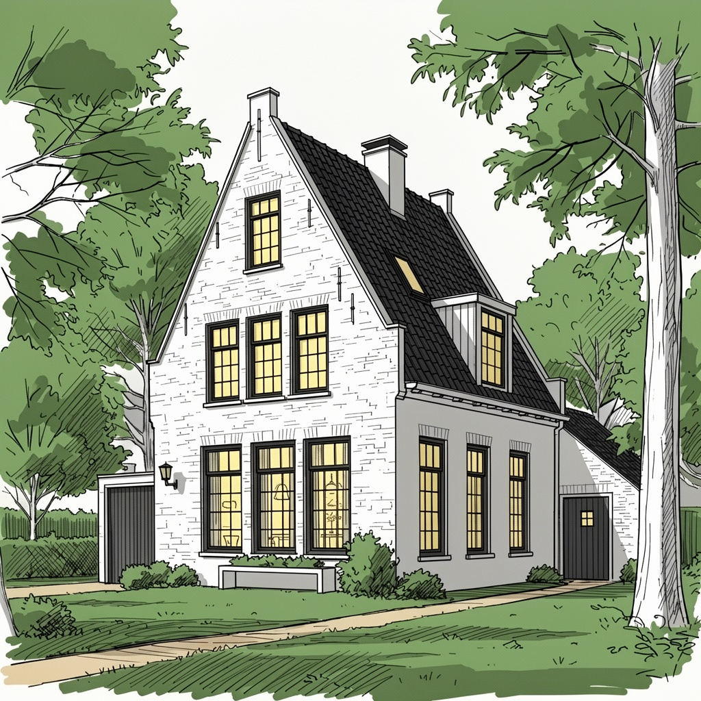 Stenen huis met een steil zadeldak en grote ramen, omgeven door bomen en een groen gazon.