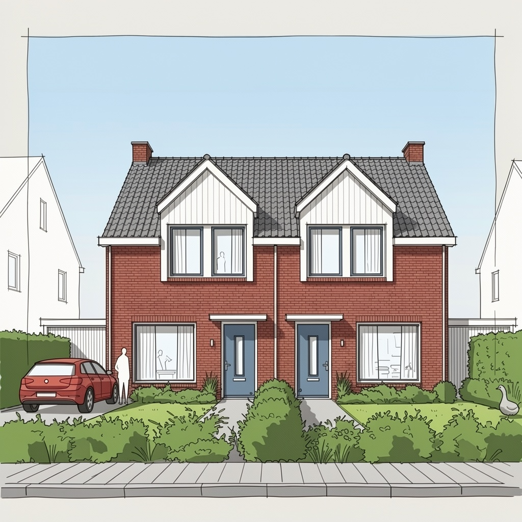 Moderne bakstenen duplexwoning met donker dak, voortuin en geparkeerde auto aan een met bomen omzoomde straat.