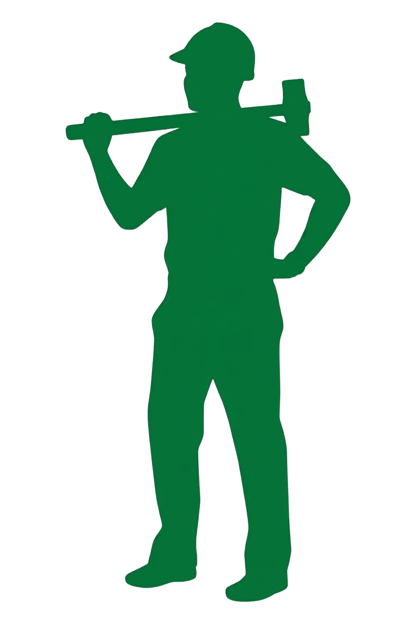 Groene silhouet van een persoon die een honkbalbat op zijn schouder draagt.
