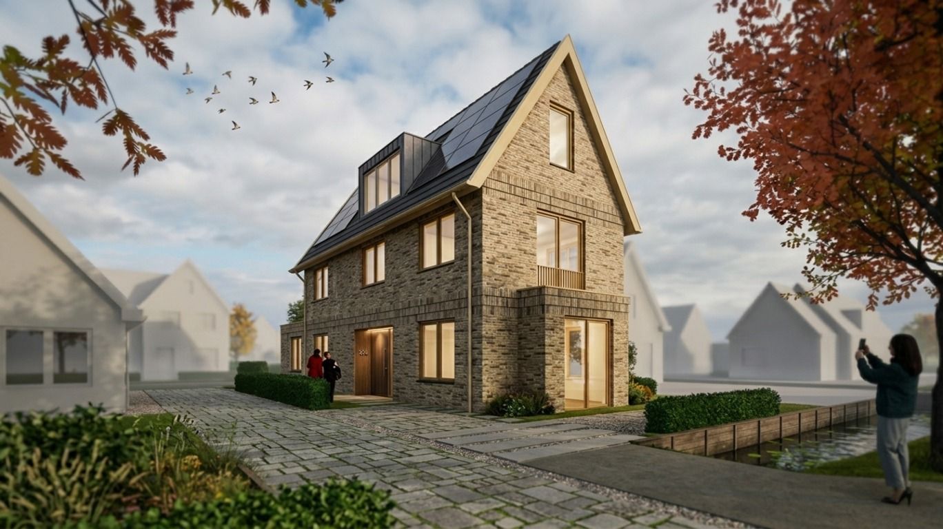Stenen huis aan een straat met kinderkopjes, met herfstbomen, hagen en een persoon die vlakbij de weg staat.