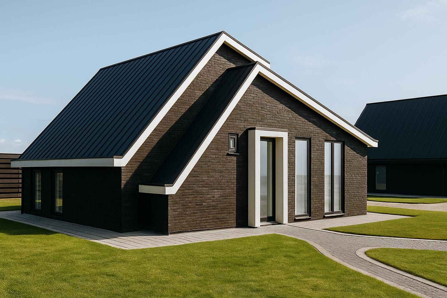 Modern huis van donkere baksteen met een steil zwart dak en een gazon onder een heldere hemel.