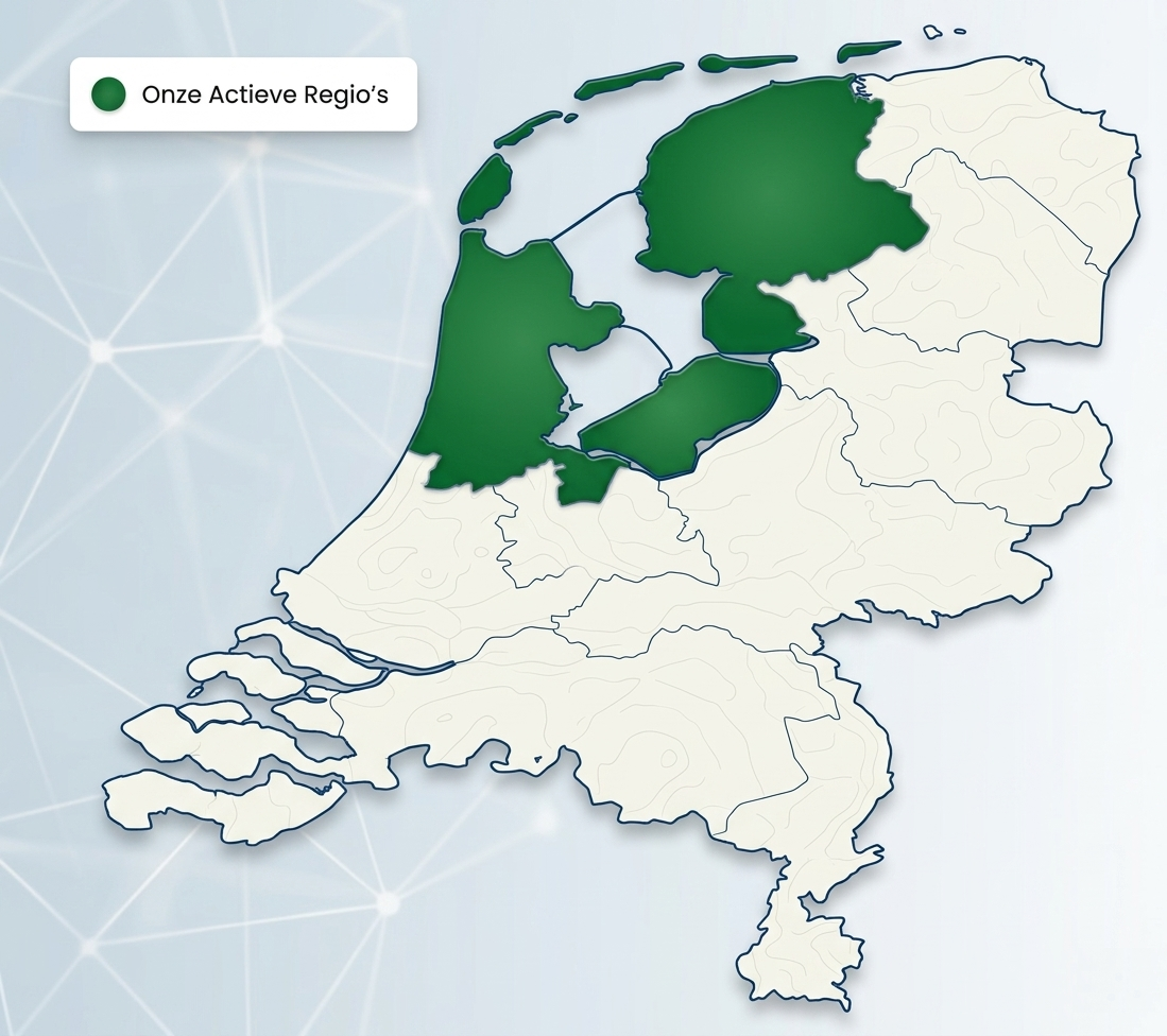 Kaart van Nederland met de noordelijke provincies groen gemarkeerd.