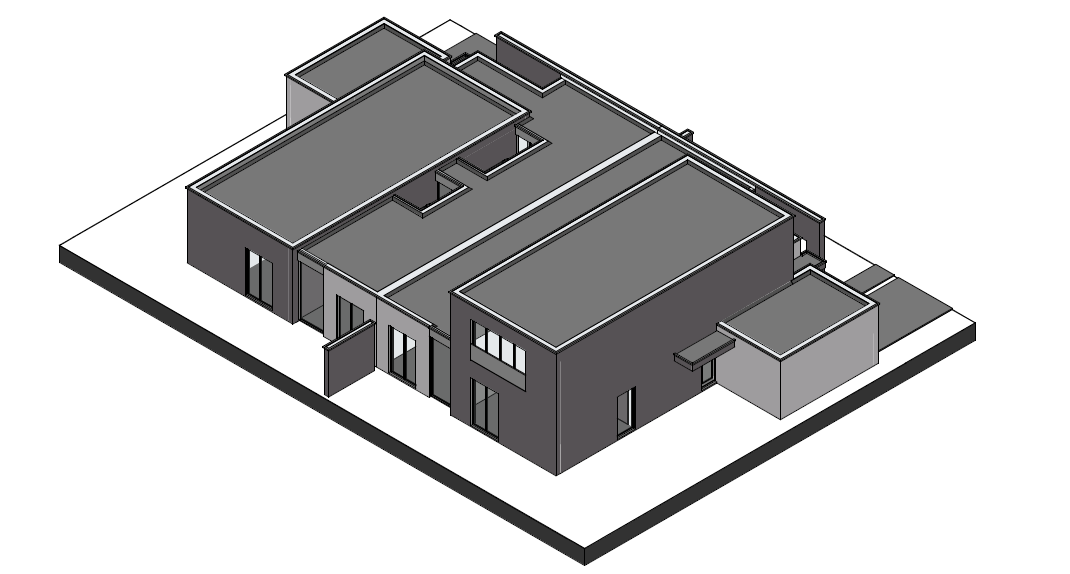 Isometrisch grijs 3D-model van een laagbouwcomplex op een witte ondergrond.