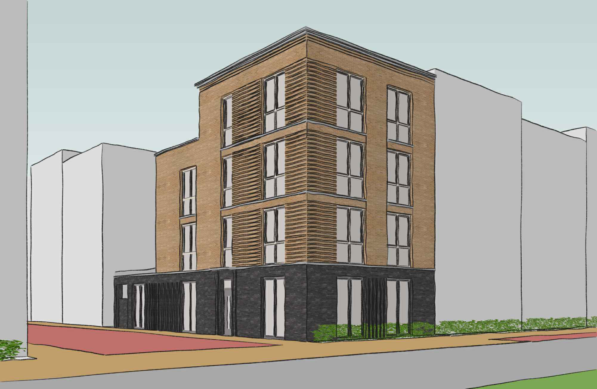 Modern gebouw met gemengd gebruik, met bakstenen bovenverdiepingen, een donkere begane grond en grote ramen op een straathoek.