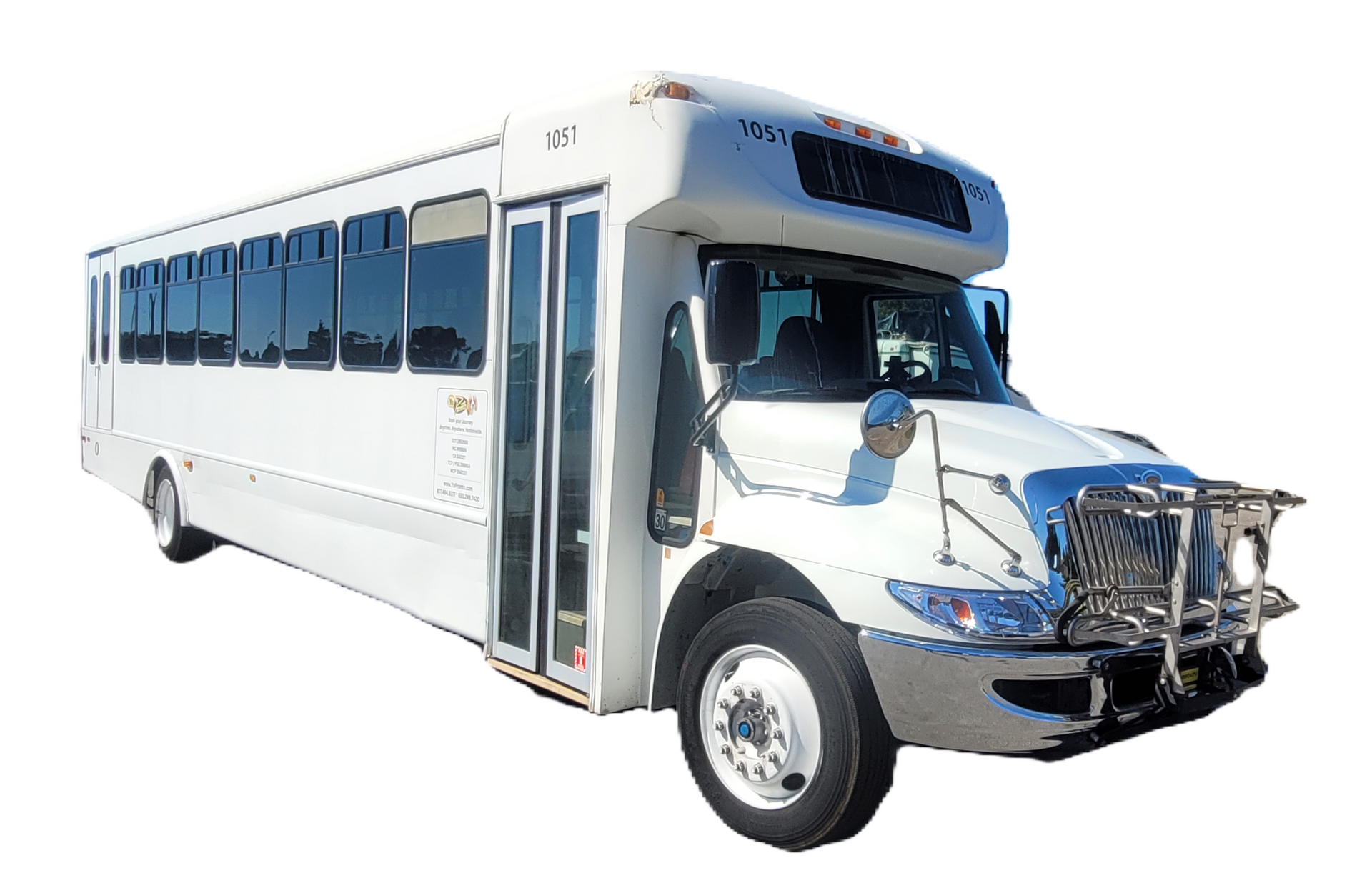 A black and white bus is parked on a white background.
