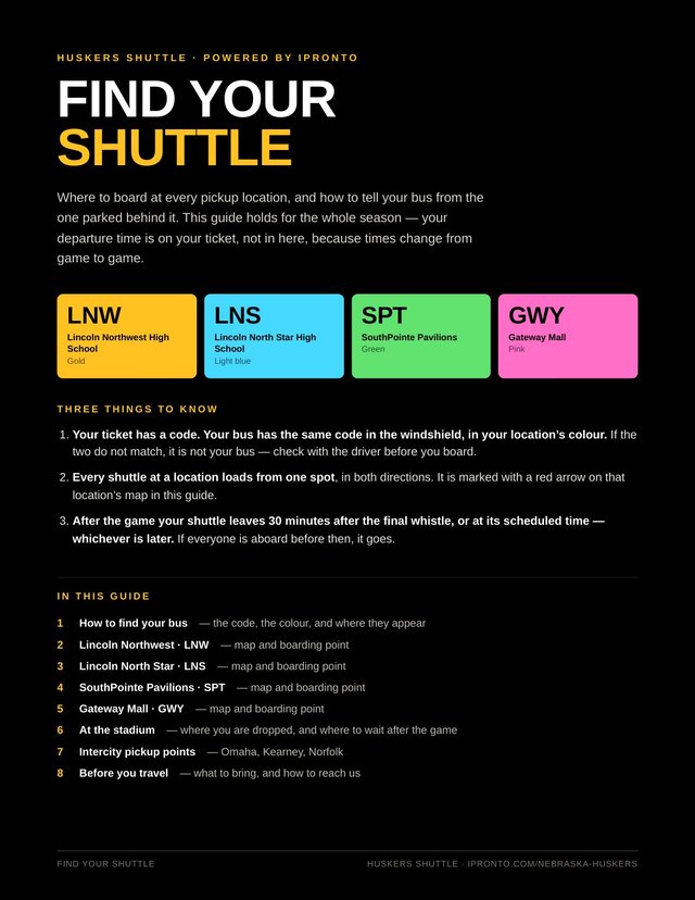 Cover of the Huskers Shuttle Find Your Shuttle guide