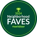 A green circle with the words `` neighborhood faves nextdoor '' on it.