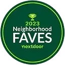 A green circle with the words `` neighborhood faves nextdoor '' on it.