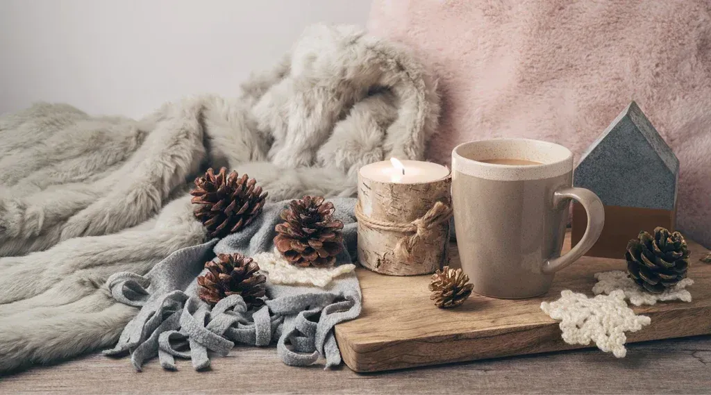O placă de tăiat din lemn cu o ceașcă de cafea , lumânări , conuri de pin și o pătură pe ea.