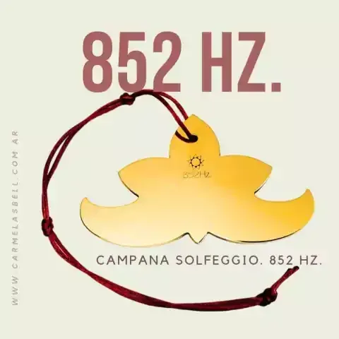 Campana Solfeggio de color dorado, con forma de flor estilizada, con cordón rojo, rotulada 