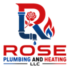 Logo for Rose Plumbing and Heating LLC with red and blue pipe, rose, flame, and water droplet icons
