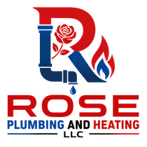 Logo for Rose Plumbing and Heating LLC with red and blue pipe, rose, flame, and water droplet icons