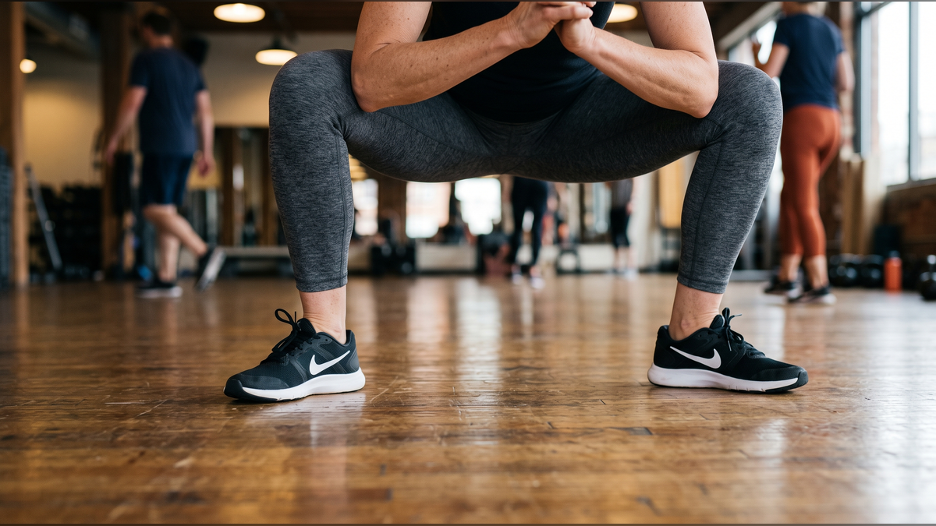 A woman performing a frog squat in the gym.