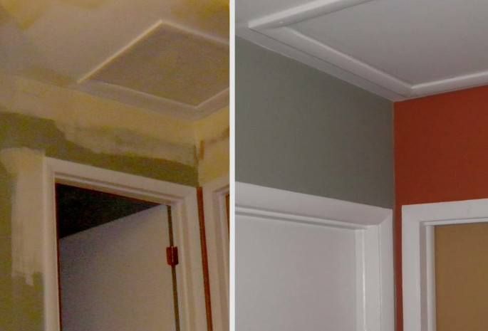 Before-and-after hallway ceiling repair with a yellow patched area and a finished white-and-orange painted wall.