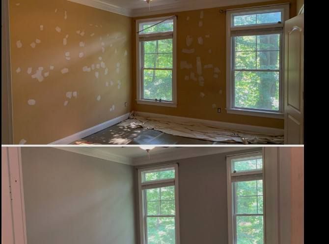 Empty room with tan walls and two windows, showing before-and-after renovation views.