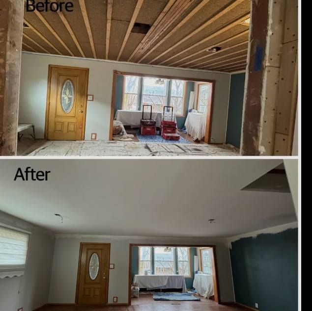 Before-and-after room renovation with wood ceiling removed and walls painted gray.