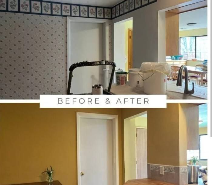 Before-and-after view of a dining room makeover with floral wallpaper replaced by gold walls and trim