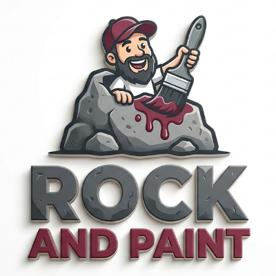 Logo of a man painting a rock with &ldquo;ROCK AND PAINT&rdquo; text below