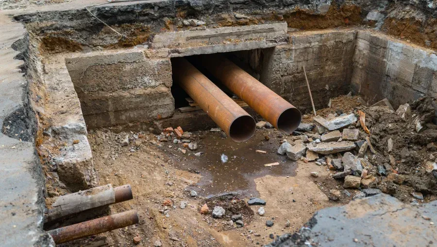Exposed drainage pipes protrude from a crumbling concrete wall amid dirt and rubble.
