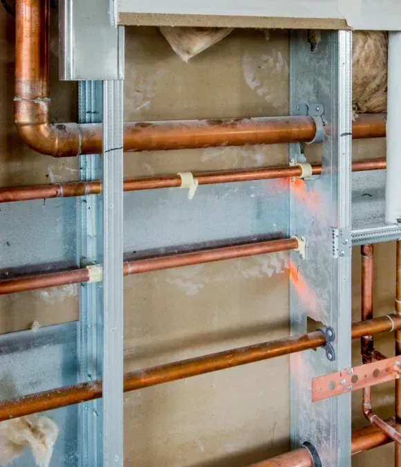 Copper pipes mounted in a wall cavity with metal framing and insulation