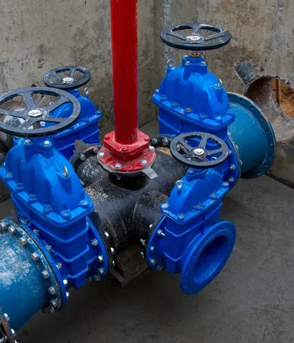 Blue industrial pipeline valves with a red vertical pipe in a concrete utility setting