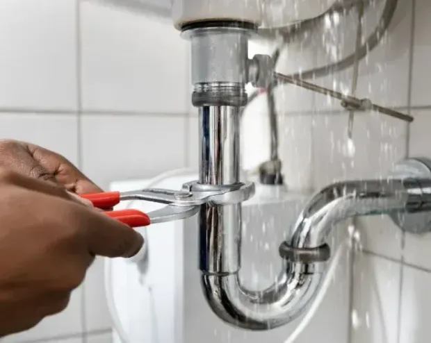 Hands using pliers to tighten a chrome sink drain pipe under a faucet