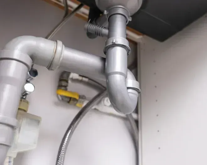 Gray plumbing pipes and a flexible hose under a sink cabinet.