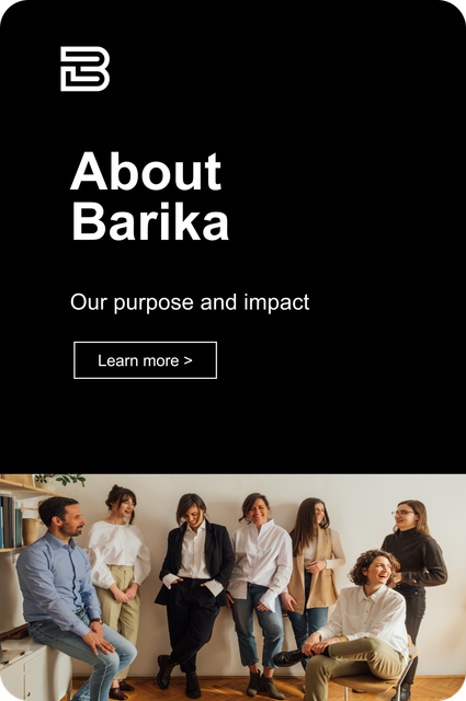 About Barika page with “Our purpose and impact” text and a “Learn more” button above a group seated in a room