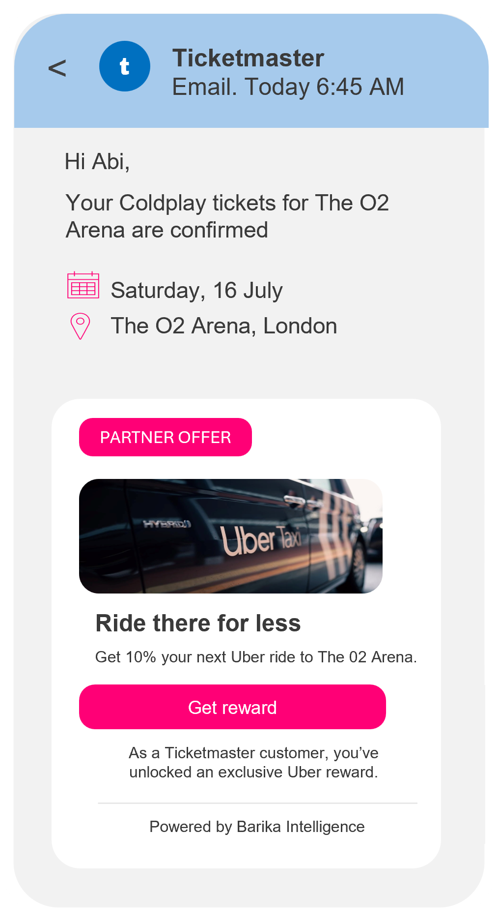 Ticketmaster email promoting O2 Arena concert tickets with “Ride there for less” and a Get the app button
