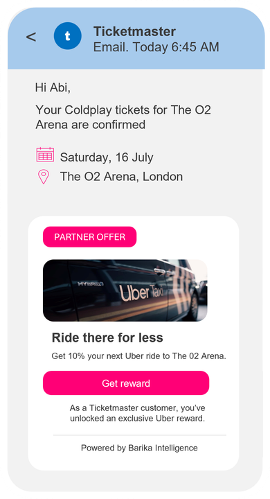 Ticketmaster email promoting O2 Arena concert tickets with “Ride there for less” and a Get the app button