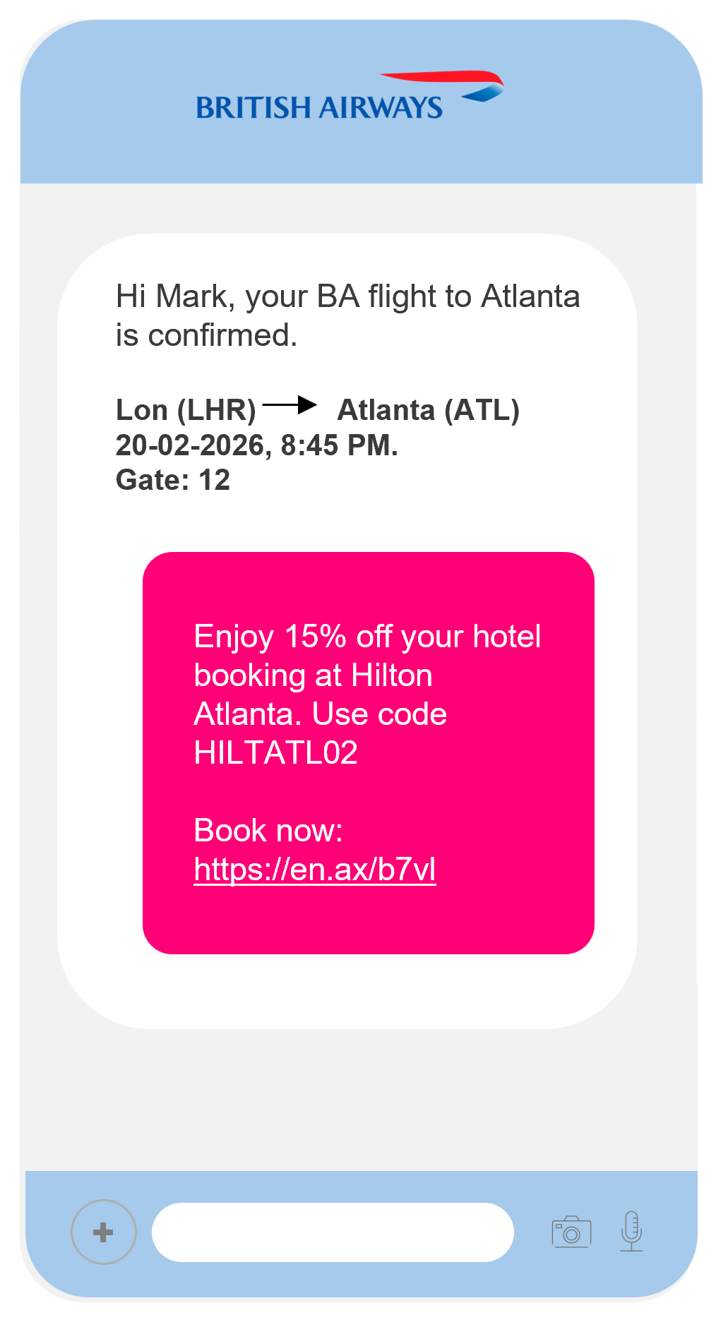 British Airways app message with flight details and a pink booking discount offer for Atlanta.