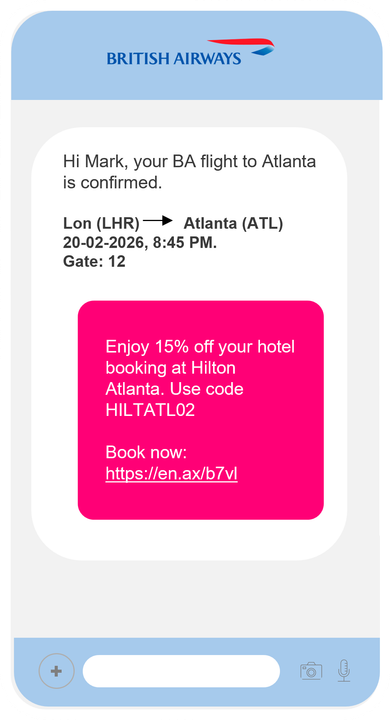 British Airways app message with flight details and a pink booking discount offer for Atlanta.