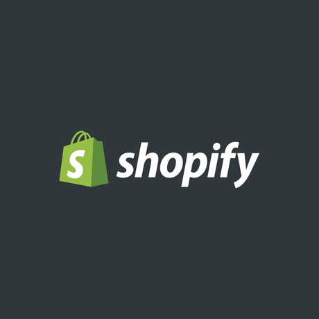 Shopify logo: green shopping bag icon and white wordmark on a dark gray background