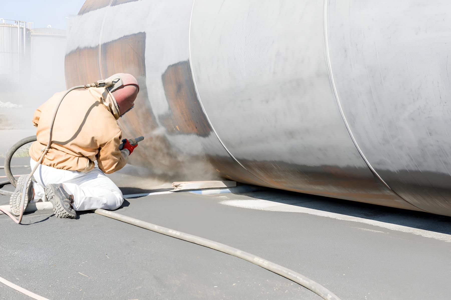 Man is Abrasive Blasting a Large Metal Object — On The Spot Steel Fabrication in Caloundra West, QLD
