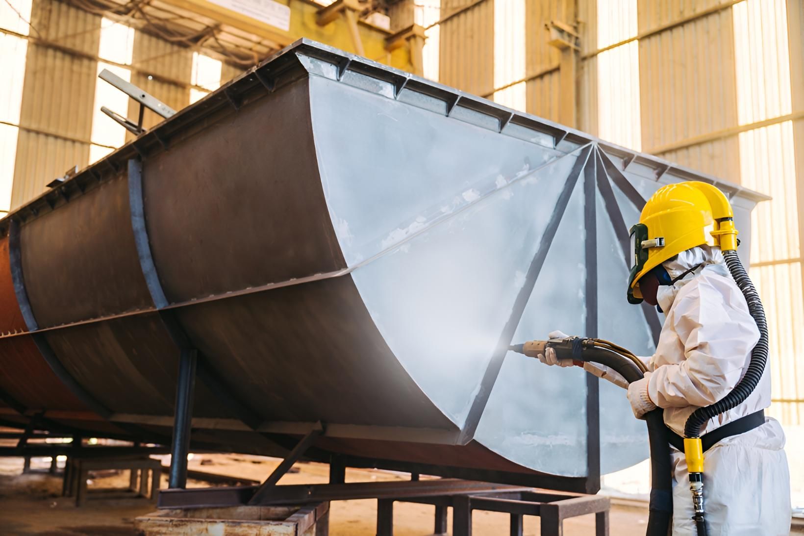 Man is Abrasive Blasting a Metal in a Factory — On The Spot Steel Fabrication in Caloundra West, QLD