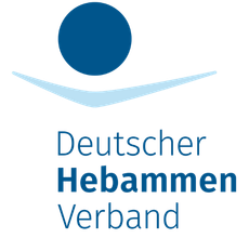 Logo des Deutschen Hebammen Verbandes, mit einem blauen Kreis über einem hellblauen Schwung und blauem Text.