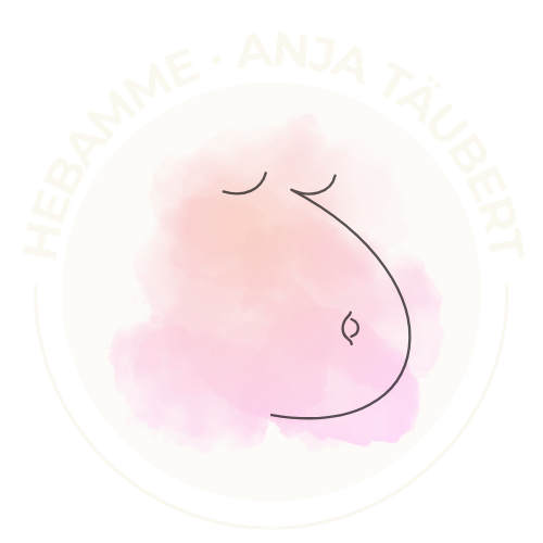 Logo mit einem umrissenen Babybauch und geschlossenen Augen auf rosa Aquarellgrund. Text: 