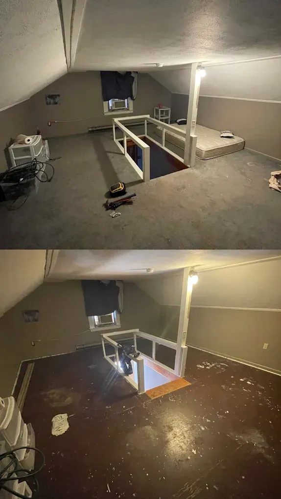 Before-and-after of an attic room. Upper photo: gray walls, bare floor. Lower photo: wood floor installed.