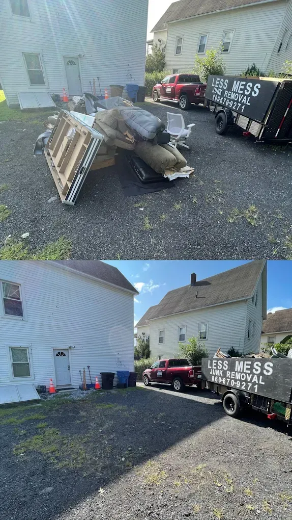Top: Debris pile next to a junk removal truck. Bottom: Clean area with truck. Two-story houses are in the background.