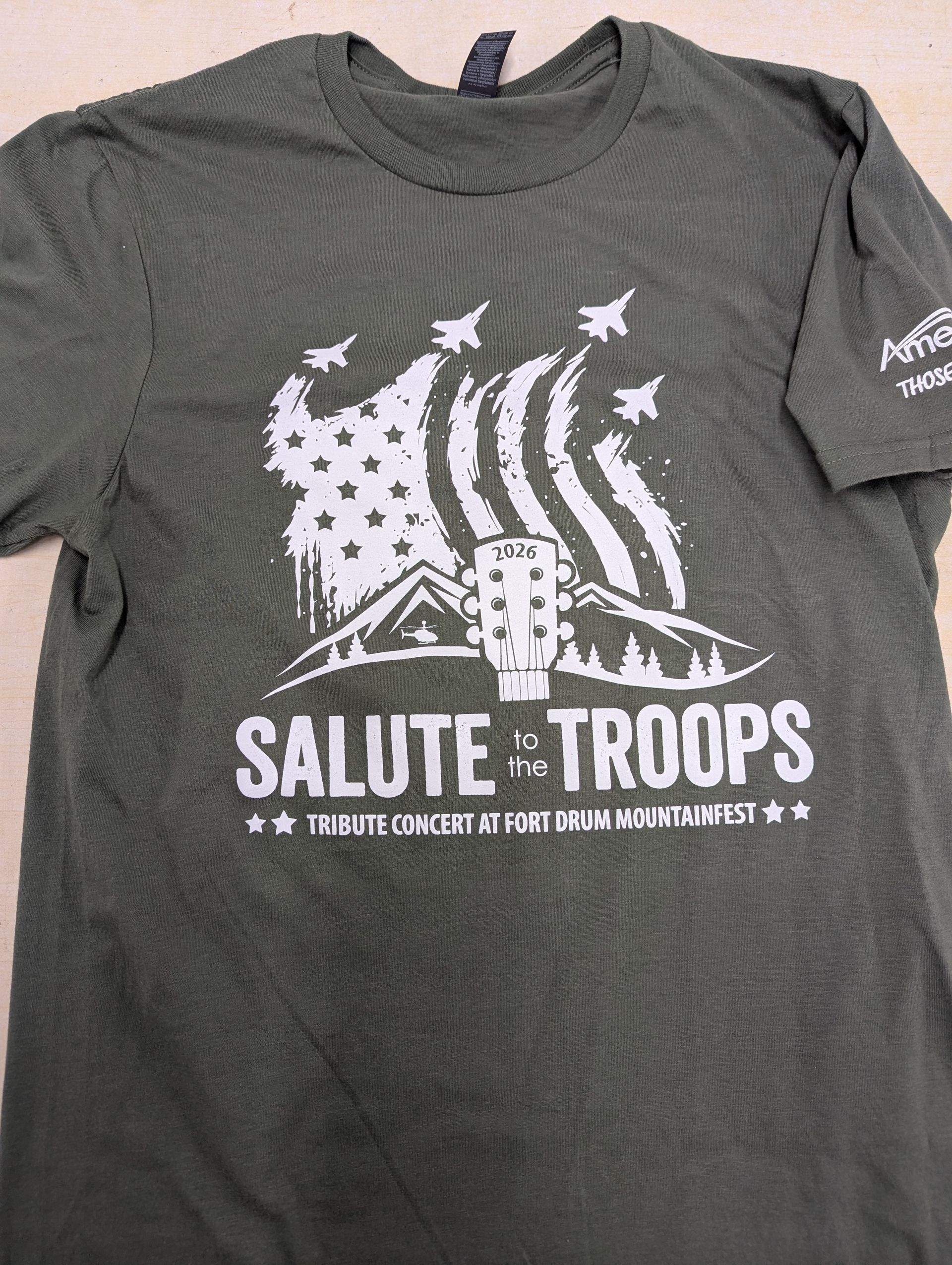 Gray T-shirt with a patriotic “Salute to Troops” graphic featuring stars, stripes, and military dog tags