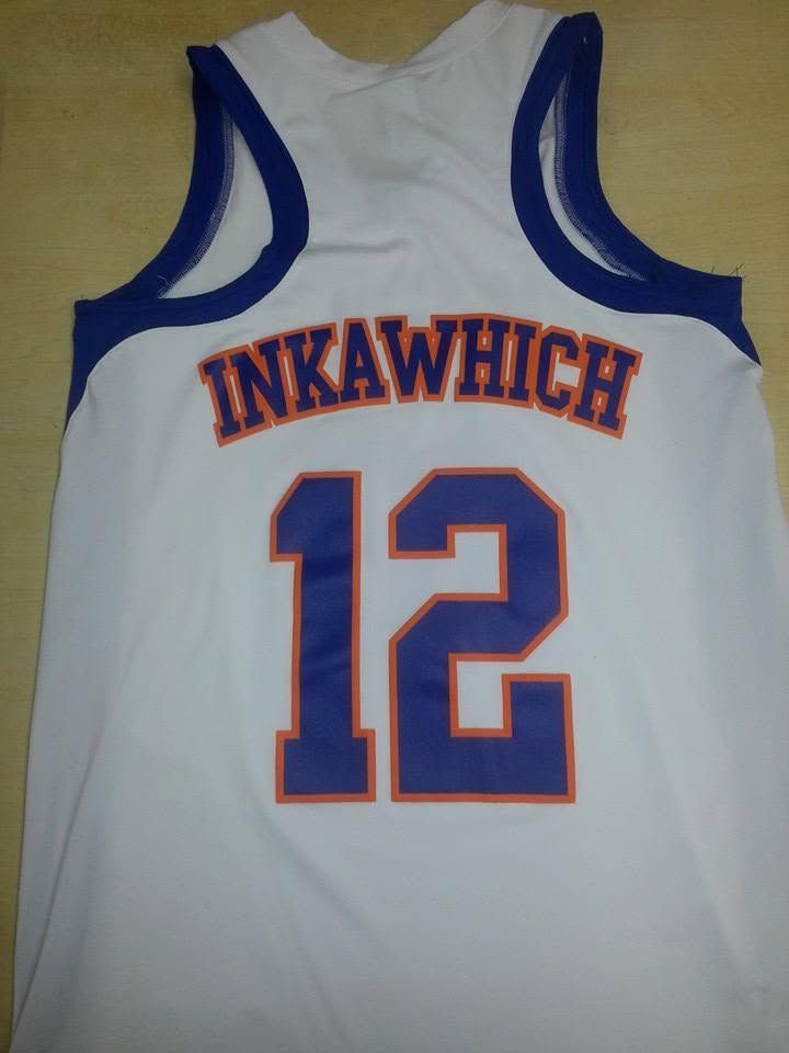 White basketball jersey with blue-and-orange trim, labeled INKAWICH and number 12.