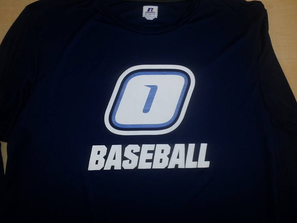 Dark navy T-shirt with a large white and blue “0” and the word “BASEBALL” on the front
