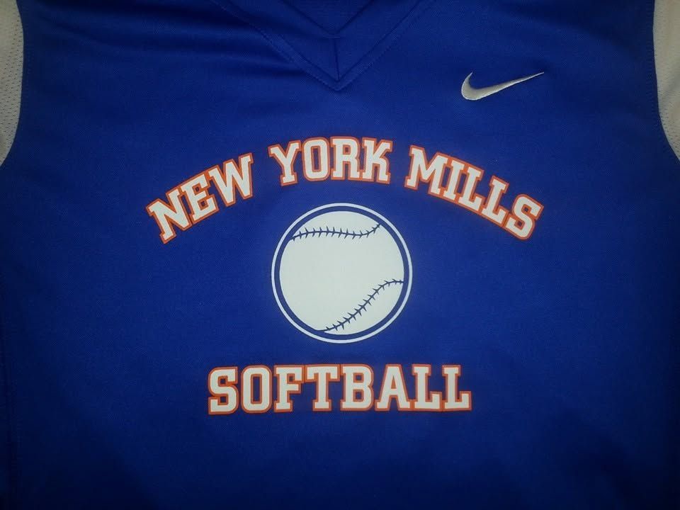 Blue New York Mills softball jersey with orange lettering and a Nike logo.