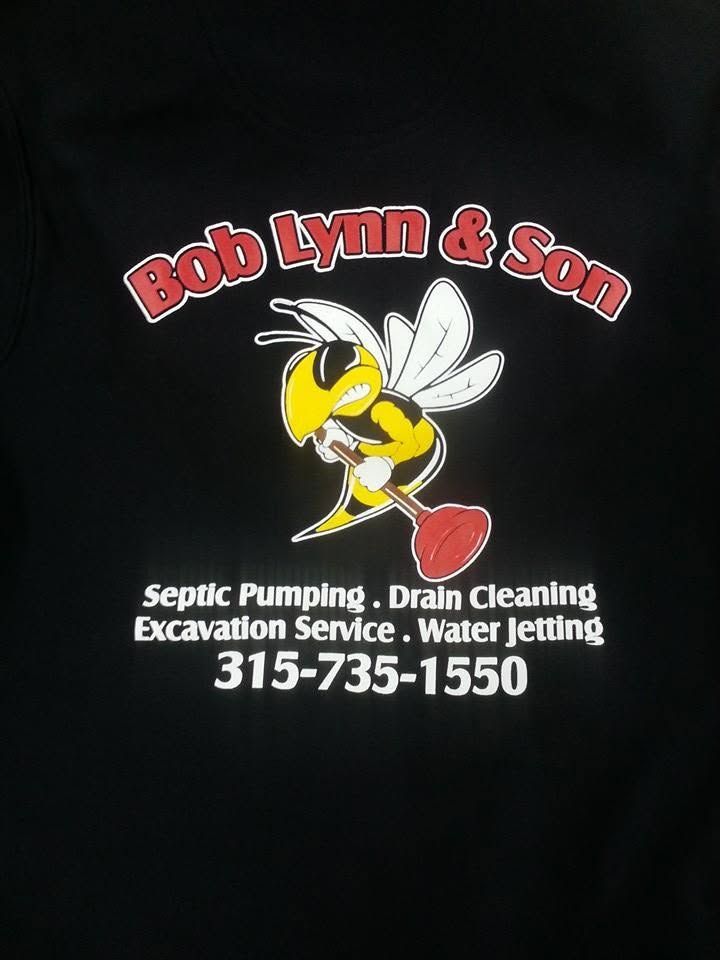 Bob Lynn & Son septic, drain cleaning and excavation service sign with cartoon bee and phone number 315-735-1550
