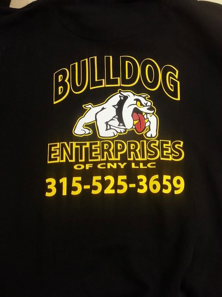 Black Bulldog Enterprises T-shirt with yellow logo, bulldog graphic, and phone number 315-525-3659