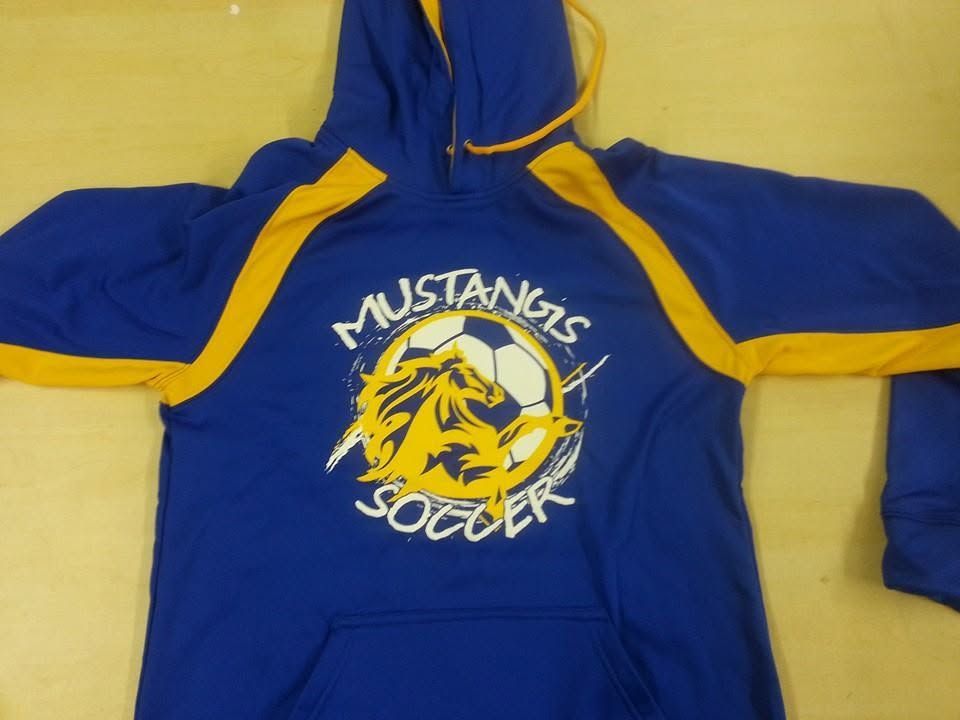 Blue and yellow Mustang soccer hoodie laid flat, with horse logo and 