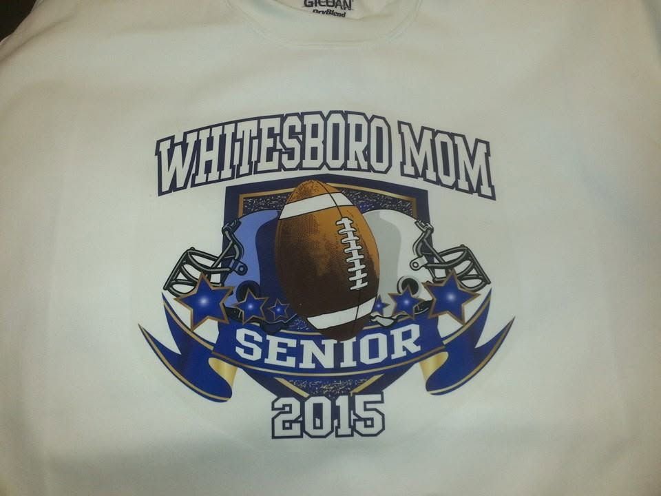 White T-shirt with “Whitesboro Mom Senior 2015” and a football graphic centered on the chest