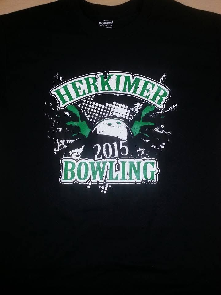 Black T-shirt with green-and-white “HERKIMER 2015 BOWLING” bowling pin graphic in the center