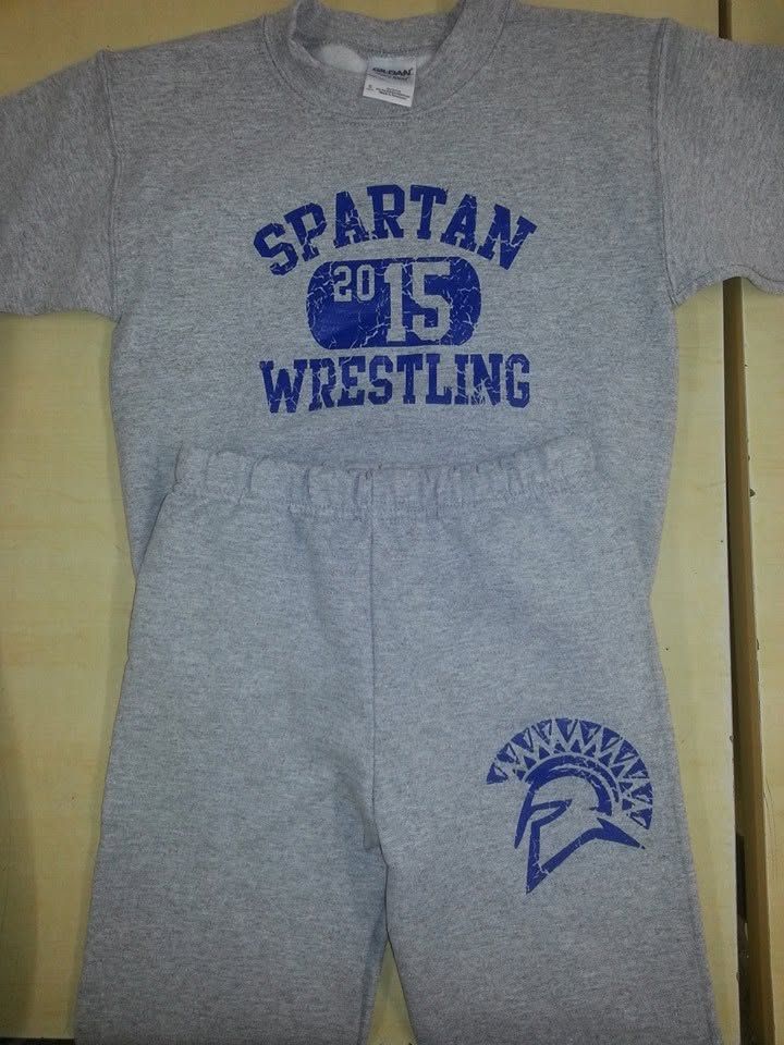 Gray Spartan Wrestling 2015 T-shirt with blue lettering and Spartan helmet logo